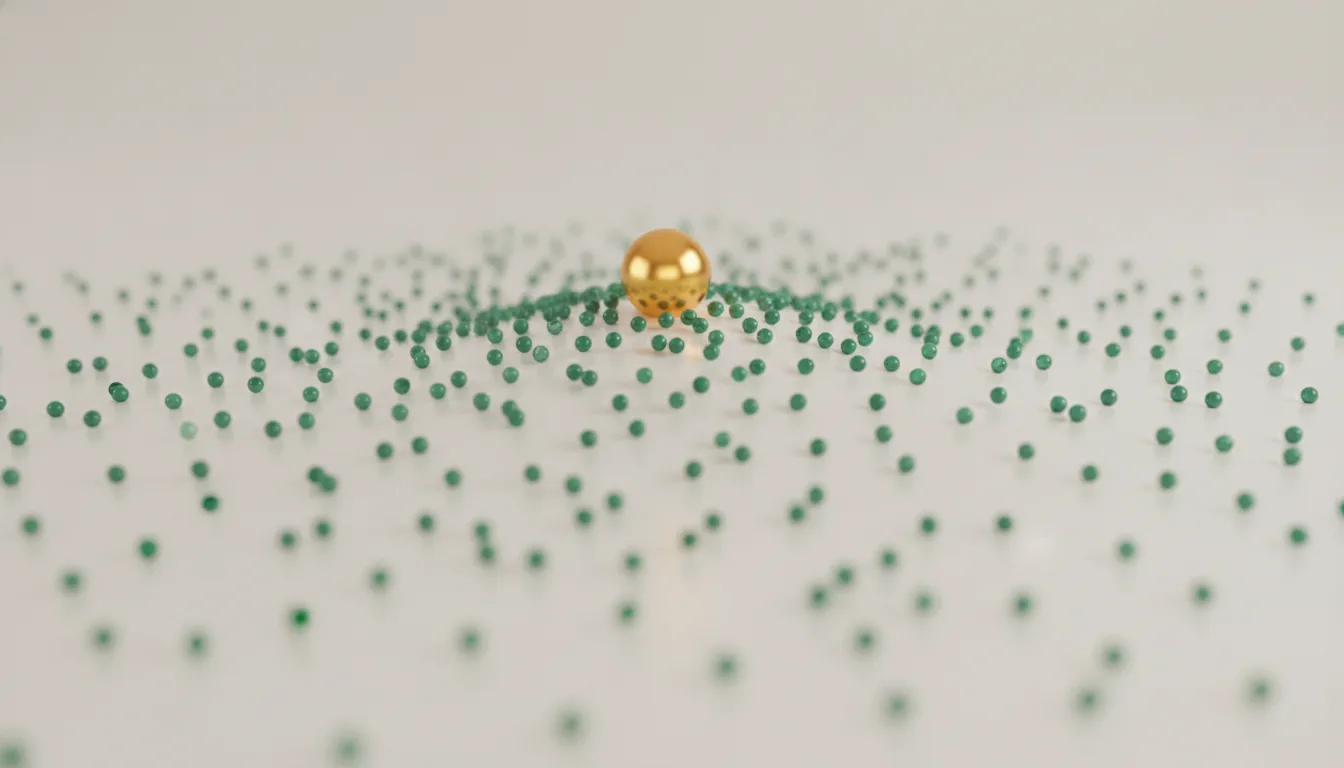 Scattered spheres converging toward a single optimal point at the peak of a smooth ridge