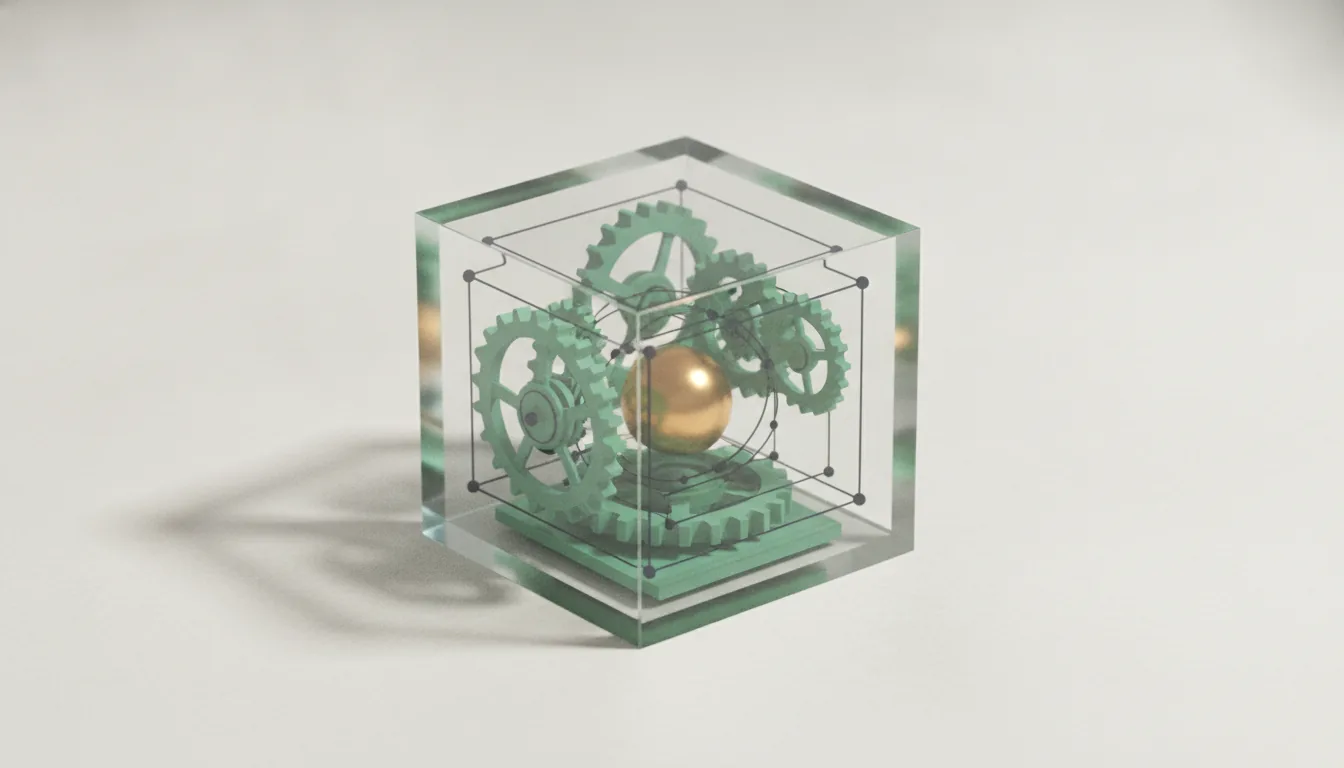 A transparent glass cube revealing an orderly mechanism inside, the opposite of a black box
